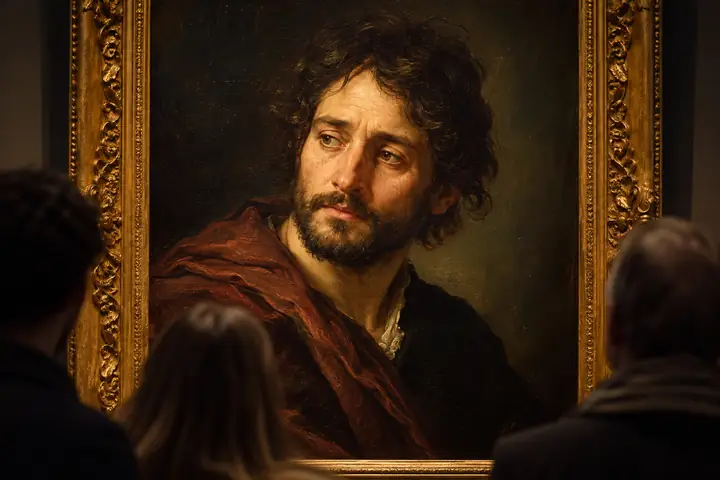Historic oil-painted portrait in a museum-like setting, warmly lit and framed close to the face.