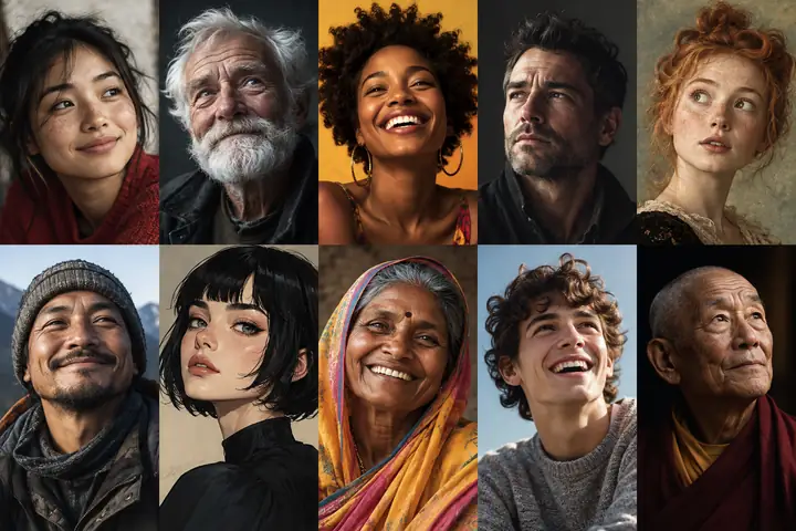 A neat two-row gallery of ten distinct talking-portrait subjects, including photographed, illustrated and painted faces.