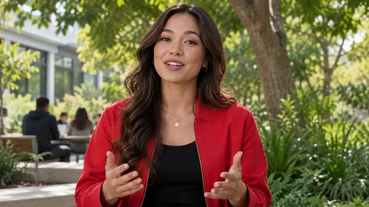 Confident presenter wearing a red jacket in a leafy outdoor setting, framed for a talking-head video.